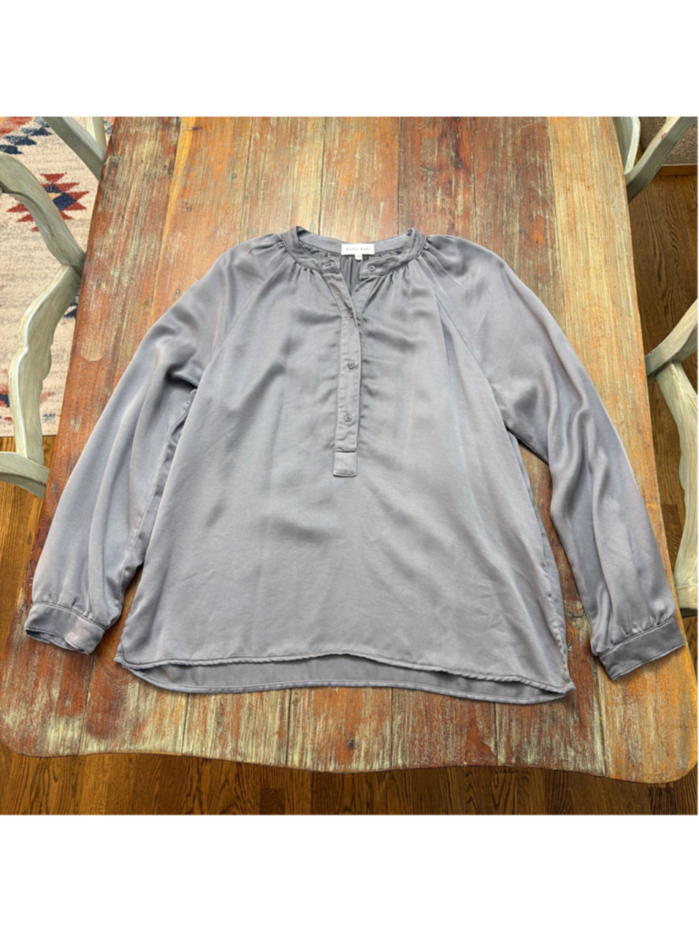 Bella Dahl Tencel Henley Blouse Large Washed Grey Gathered Neck Popover Top